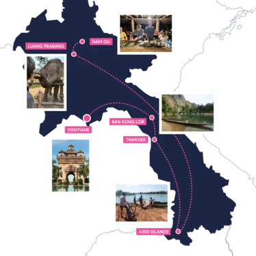 A map of Laos featuring the route and images of destinations included in this trip