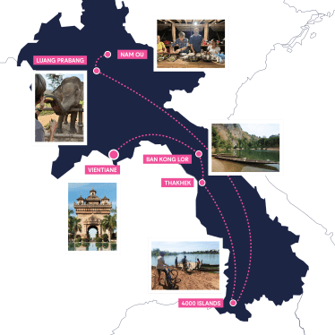 A map of Laos featuring the route and images of destinations included in this trip