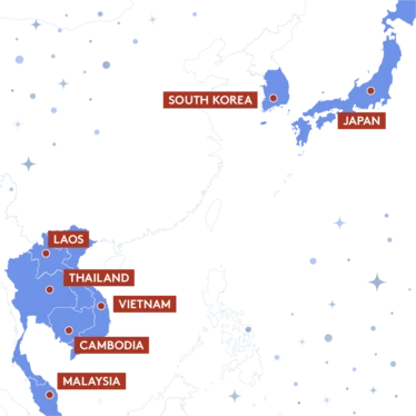Japan, South Korea, Laos, Thailand, Vietnam, Cambodia and Malaysia shown in blue on a map of the region.