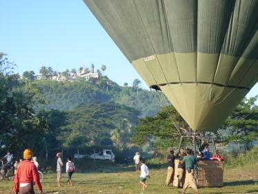 Hot air balloon landing in Burma